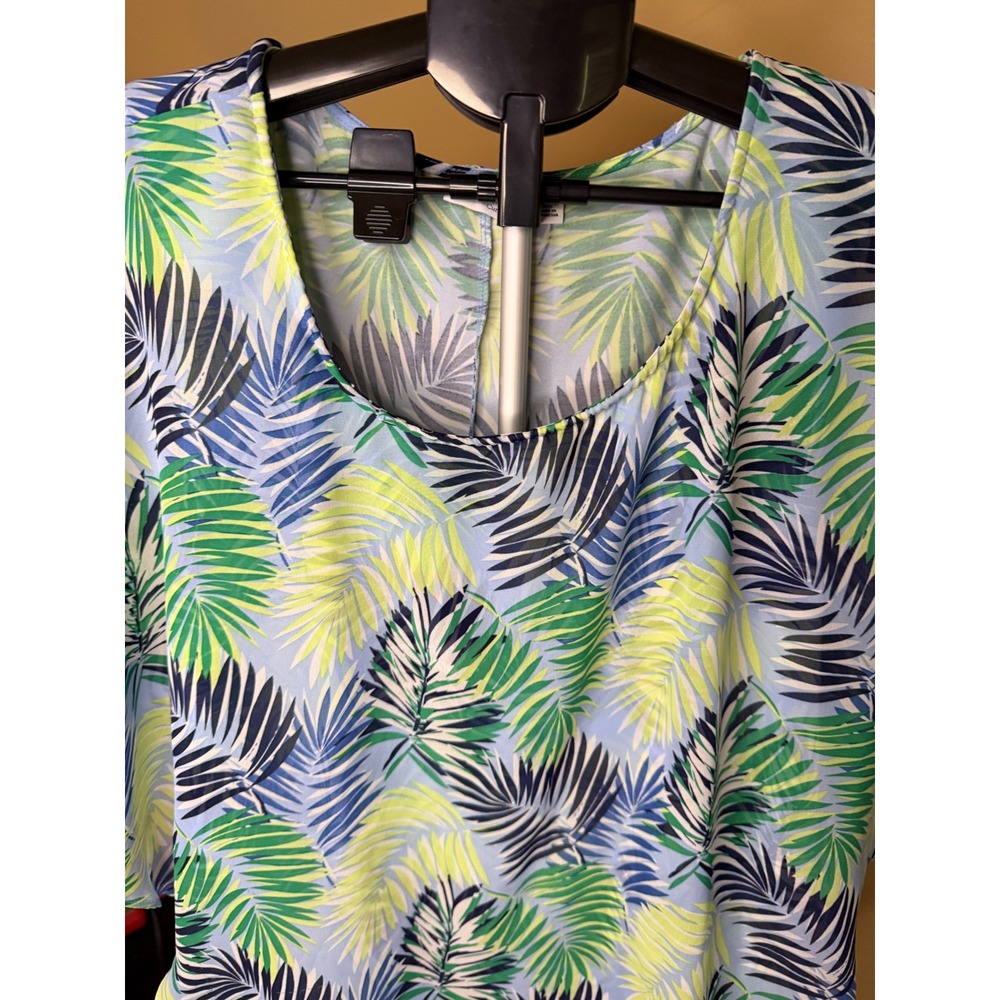 Kim Rogers Curvy Tropical Palm Leaf Print Popover Blouse Blue Green 3X